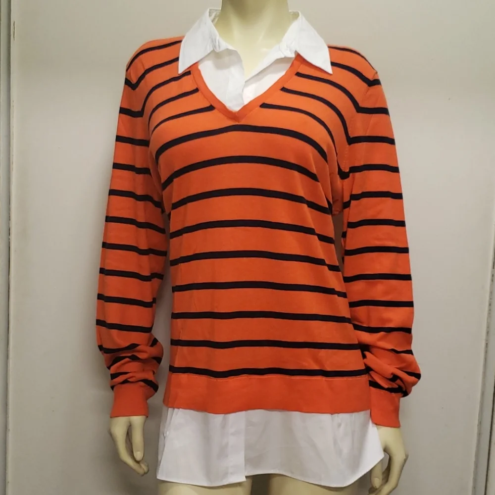 Lauren Ralph Lauren Orange and Black Striped V‑Neck Sweater